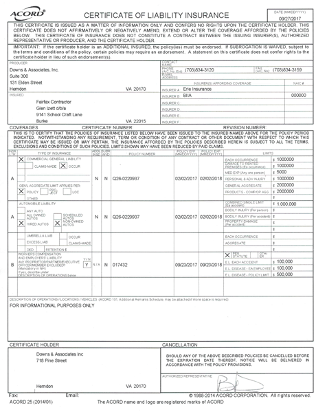 Fairfax Contractor License And Insurance Certificates